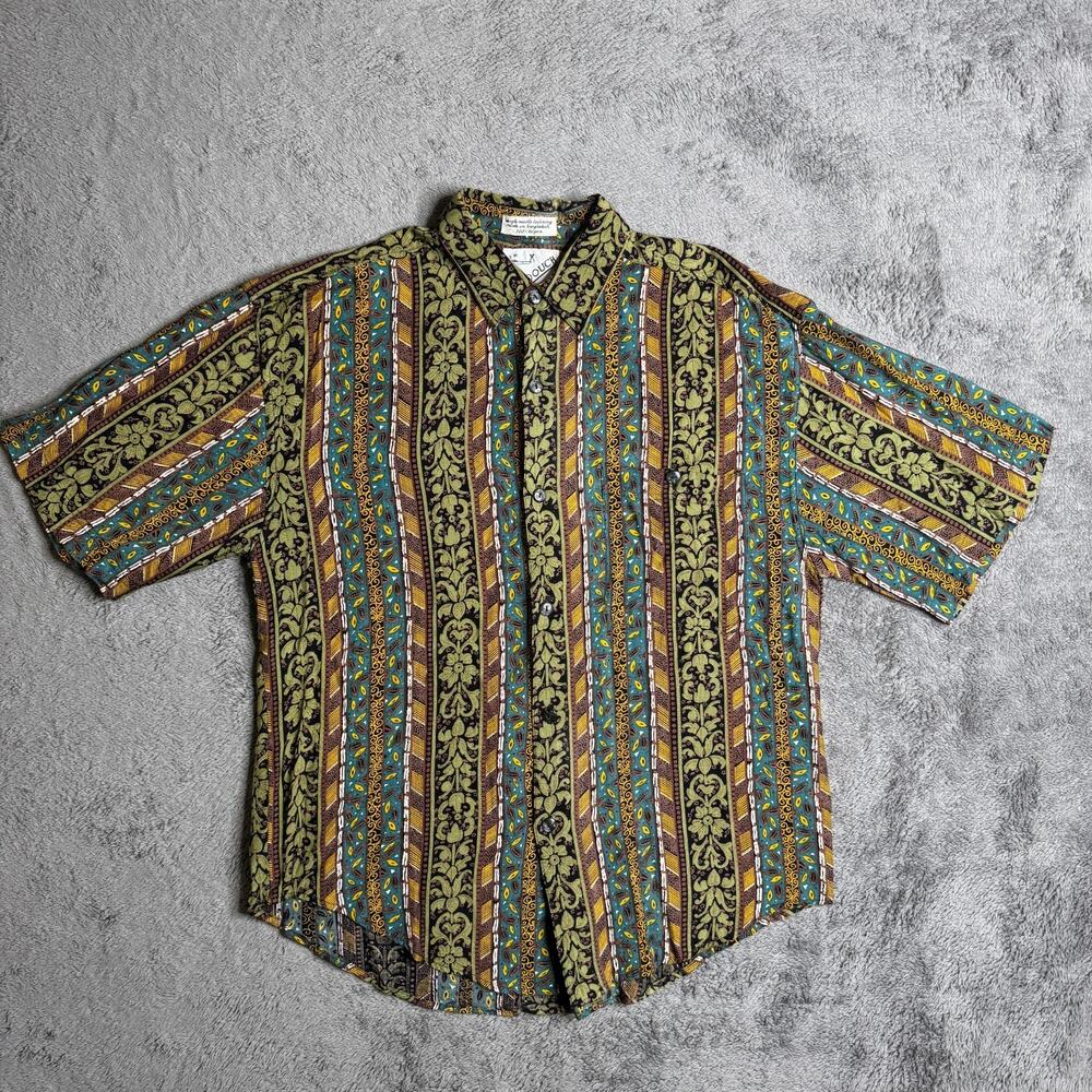 Vintage Goouch Rayon Shirt Mens L Button Up Hawaiian Print Striped Geometric